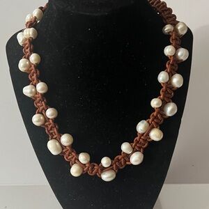 Elegant natural Pearl and Brown leather Necklace 18.5 with toggle like closure